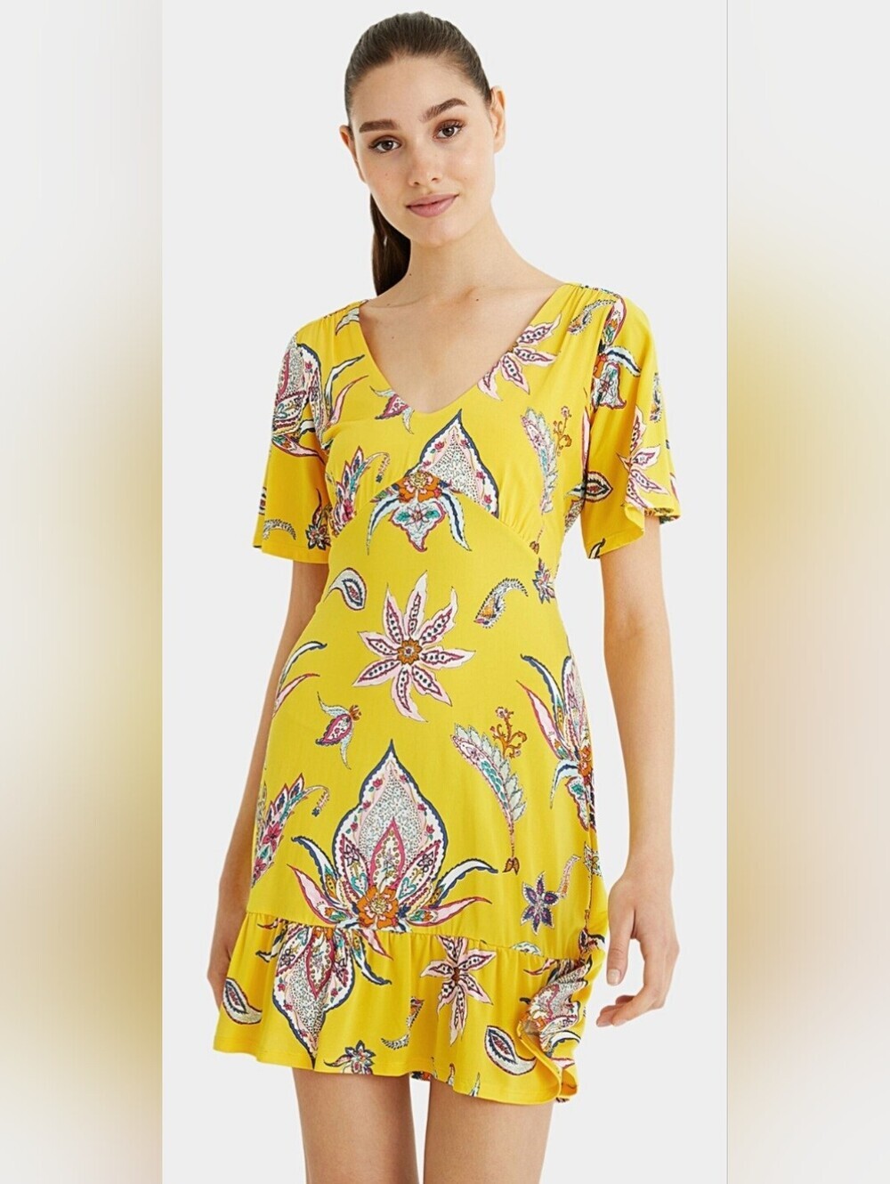 Desigual Lemark Floral Paisley Jersey Flutter Sleeve Mini Dress, VGUC, Size S